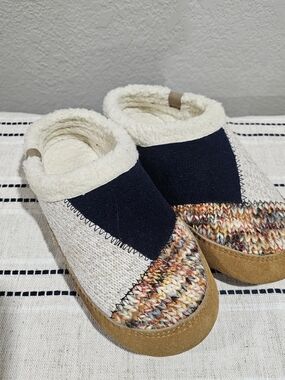 Acorn Patchwork Multicolor Knit & Navy Slip-On Slippers